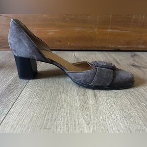 Hermes tan suede buckle block heel